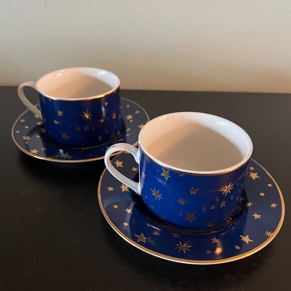 Set of 2 Vintage Sakura GALAXY Blue Fine Porcelain Cups & Saucers 14k Gold Stars - Picture 1 of 11